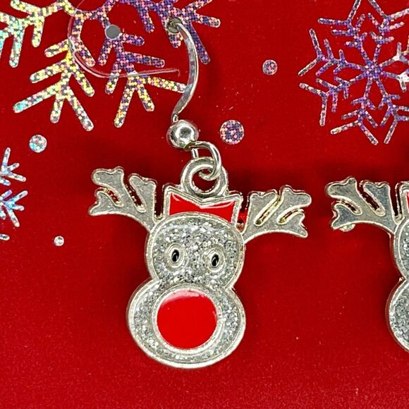 Glitter Rudolph Reindeer Christmas Dangle Earrings Pierced Pair - Picture 3 of 7